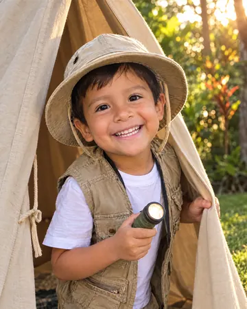 Thiago asomándose de su carpa con una linterna