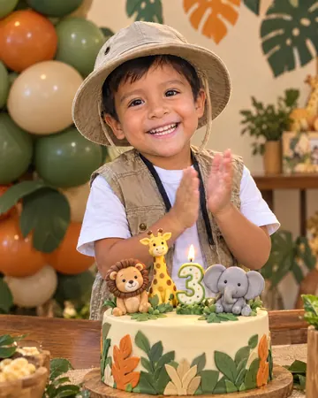Thiago aplaudiendo frente a su torta de safari