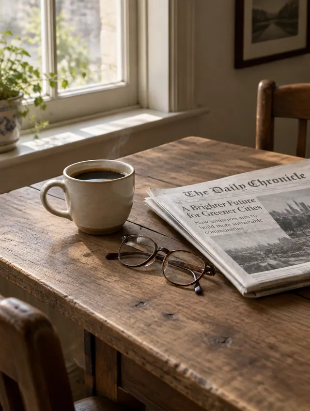 Mesa junto a la ventana con café, lentes y periódico