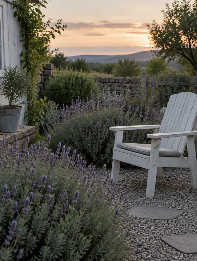 Jardín con lavanda y una silla blanca