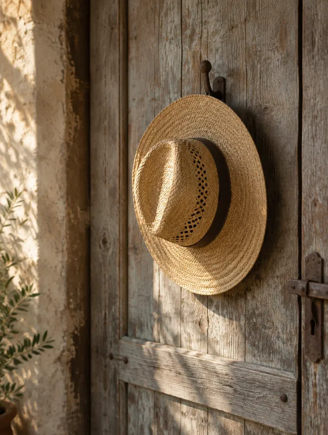 Sombrero de paja colgado en una puerta de madera