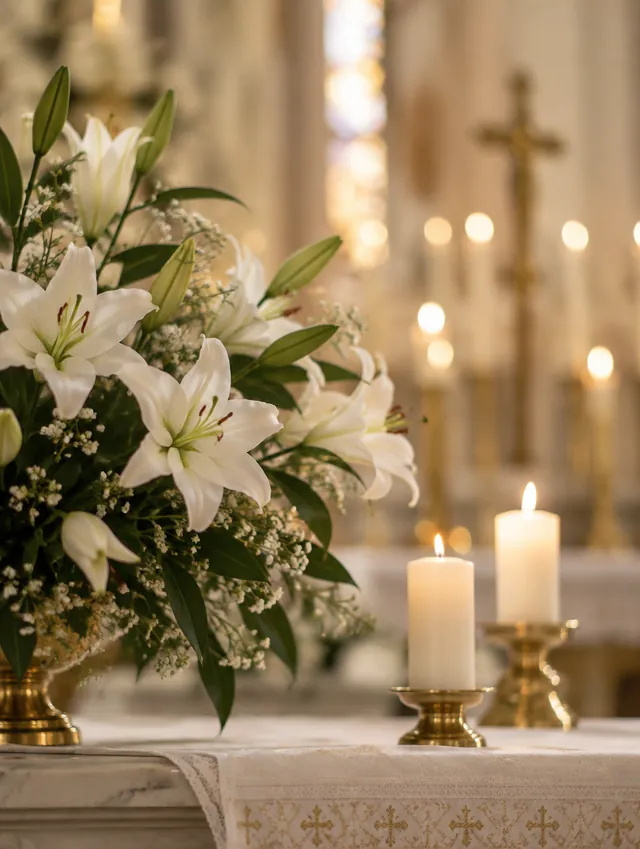 Lirios y velas en el altar