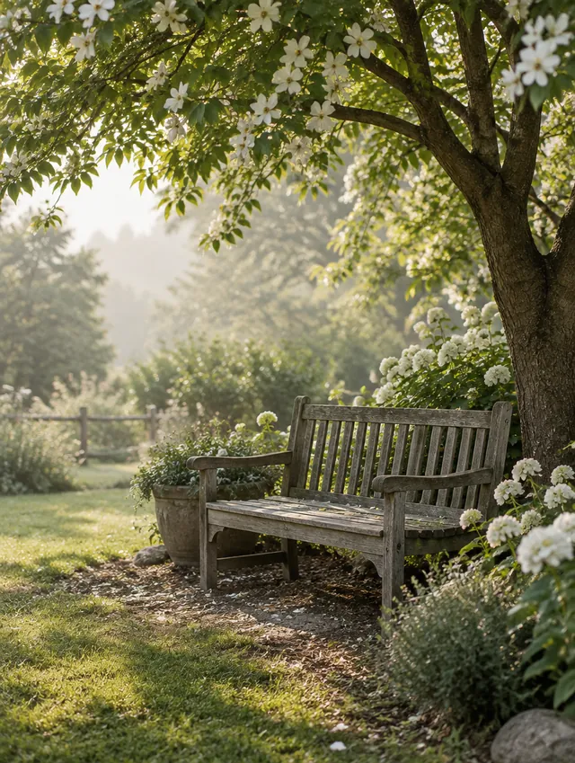 La banca del jardín bajo el árbol