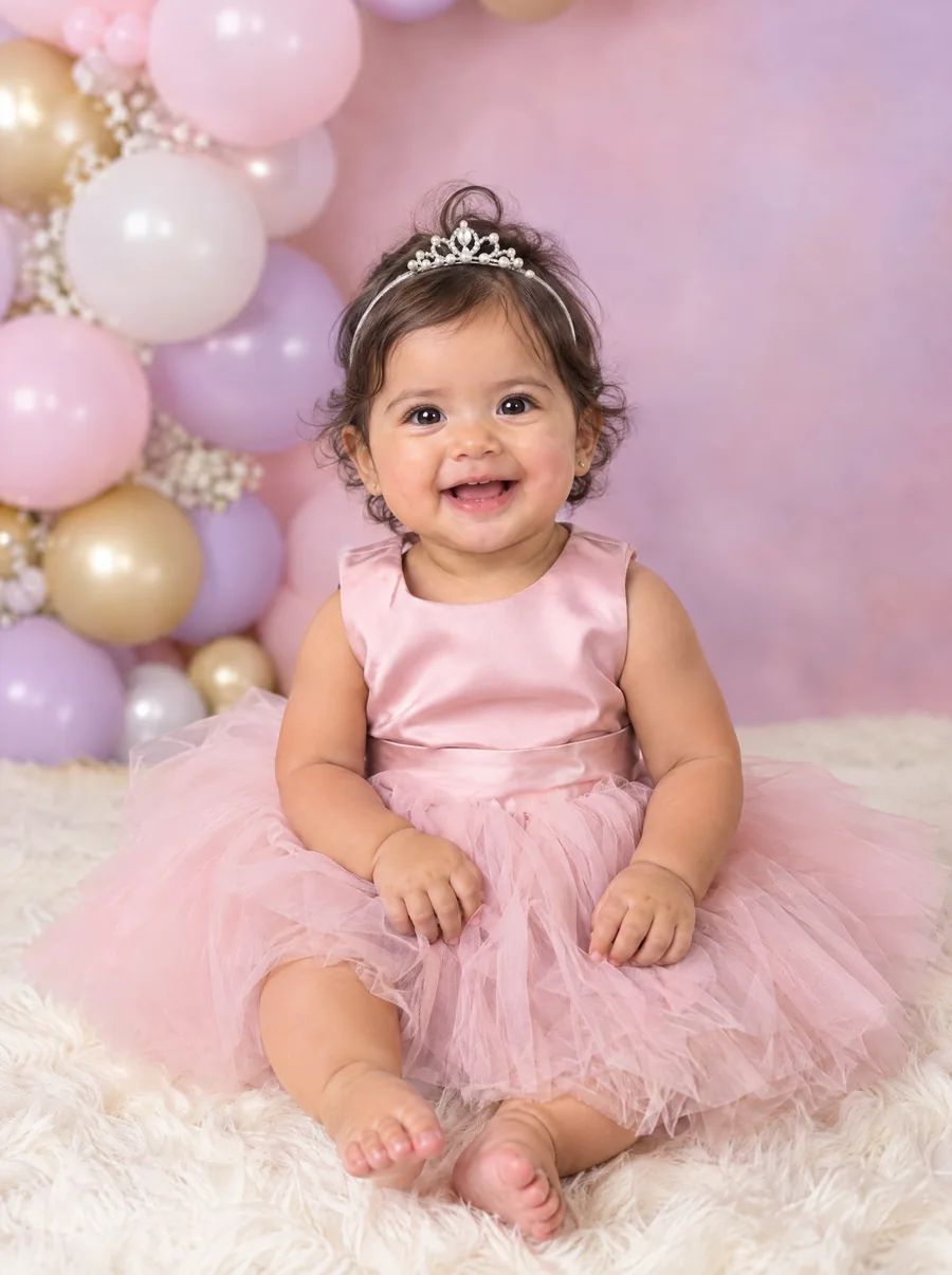 Emma sentada con su vestido de tul y su tiara