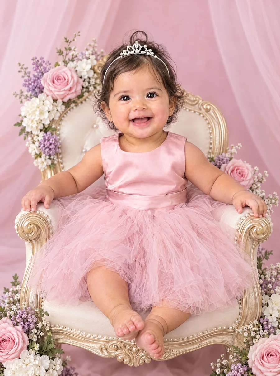 Emma sentada en un trono de flores