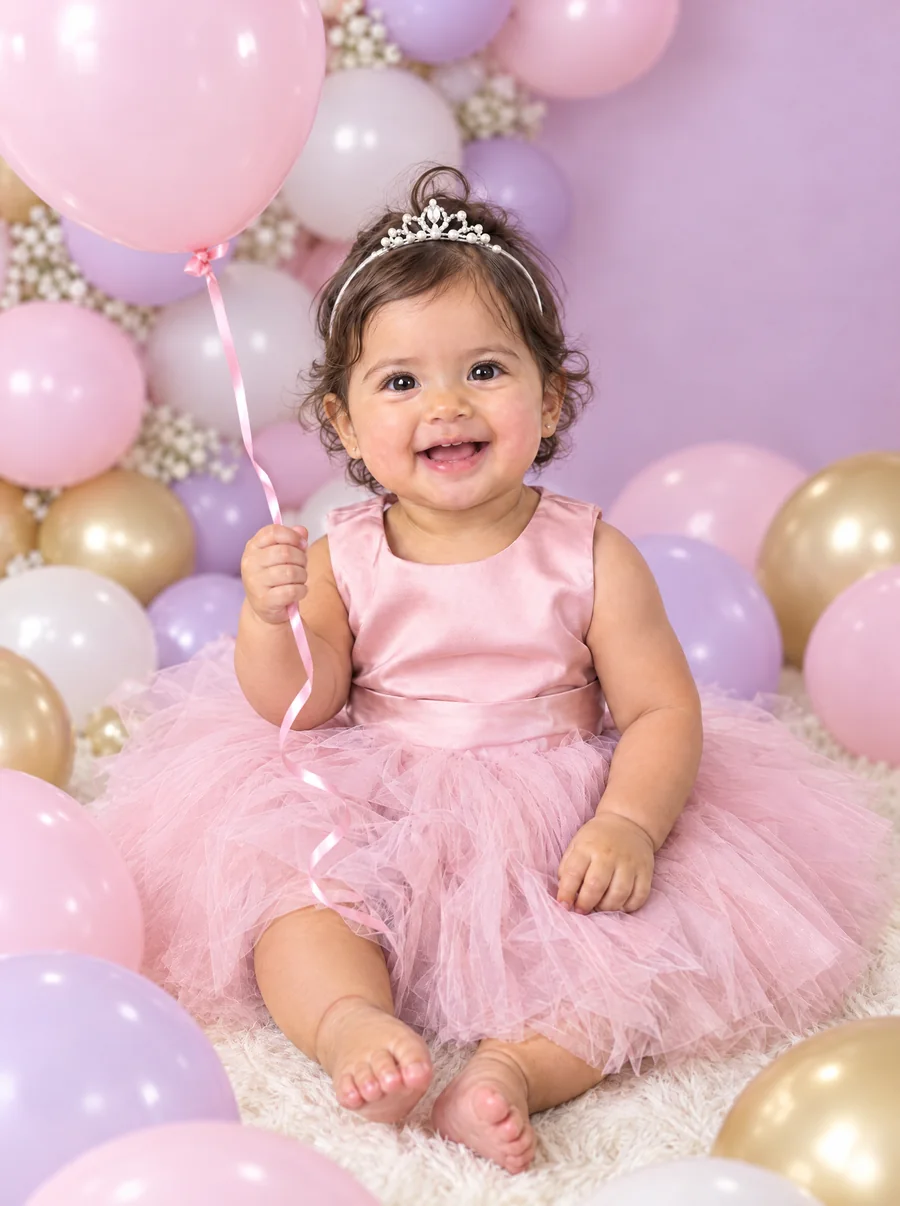 Emma riendo entre globos rosas y lilas