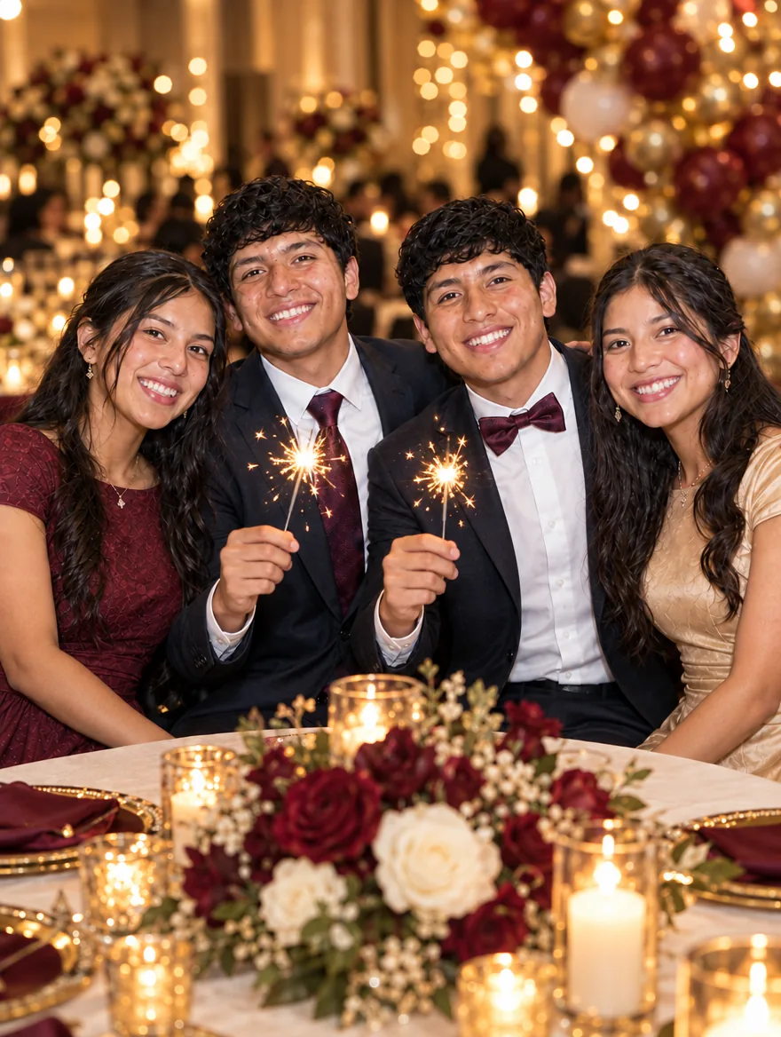 Cuatro amigos de la promoción ríen con bengalitas en su mesa de la noche de gala
