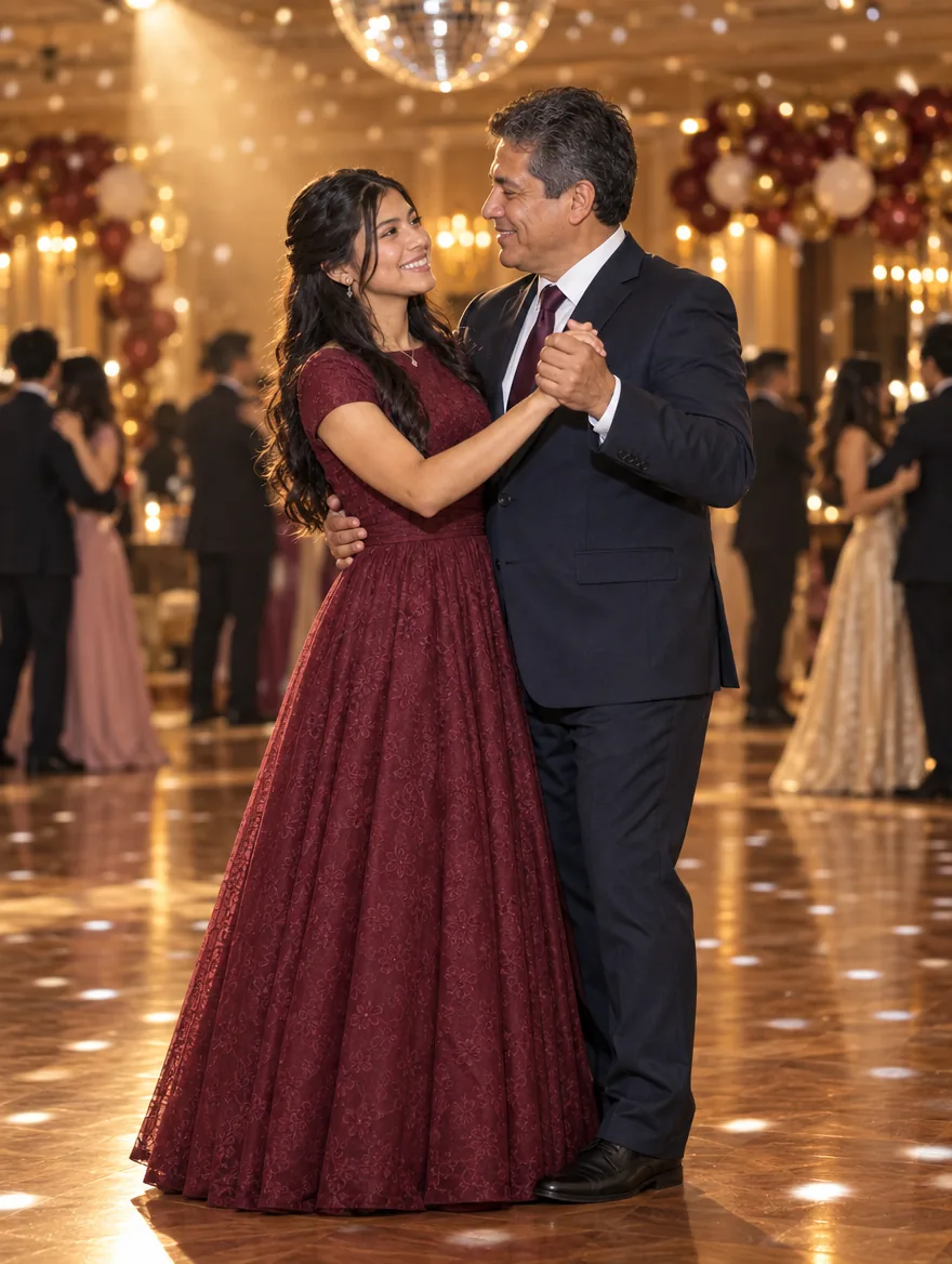 Una egresada baila el vals con su papá en el centro de la pista