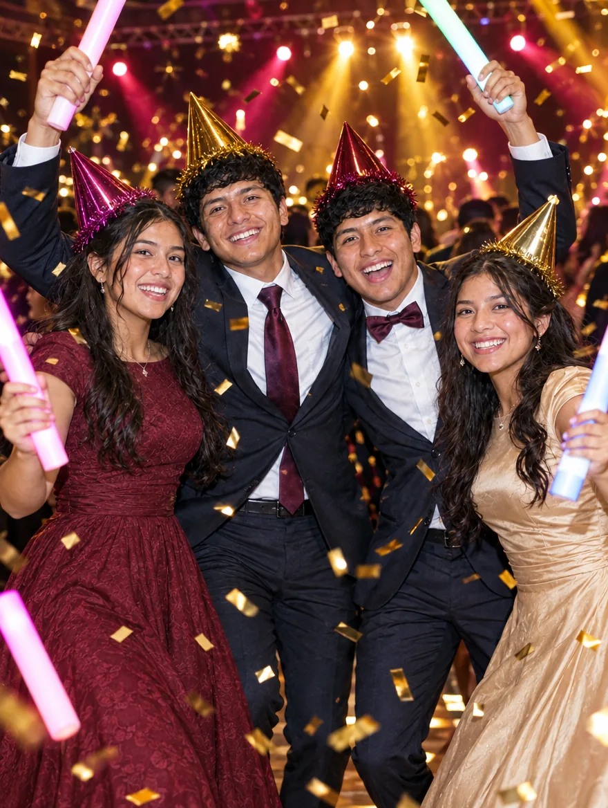 Los cuatro amigos bailan con gorros de fiesta y barras de luz en la hora loca