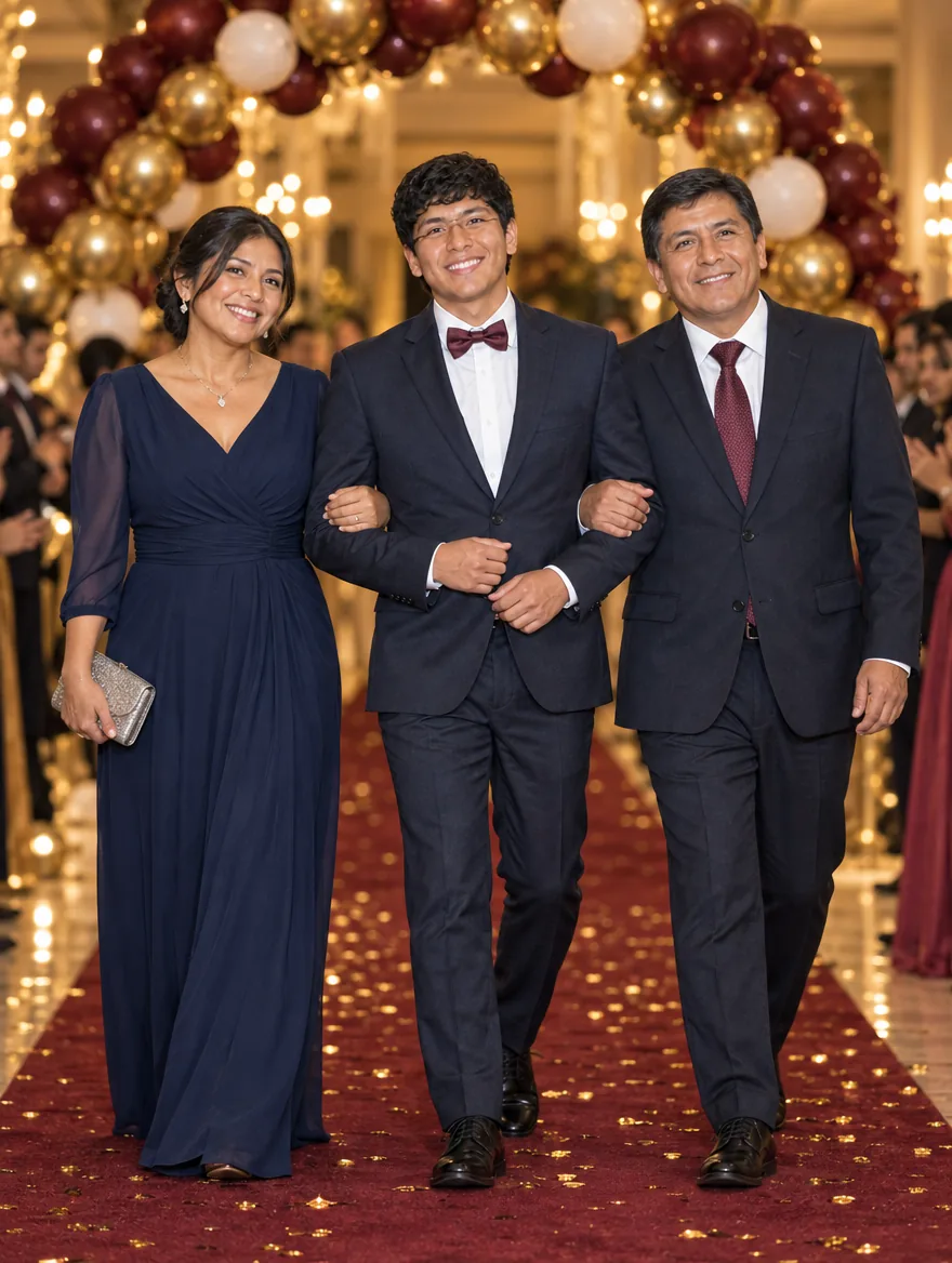Un egresado entra por la alfombra guinda del brazo de su mamá y su papá