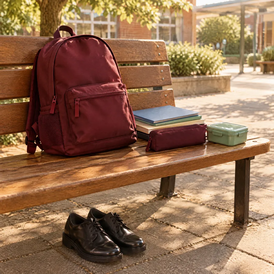 Una mochila guinda nueva, cuadernos y zapatos lustrados en una banca del patio del colegio