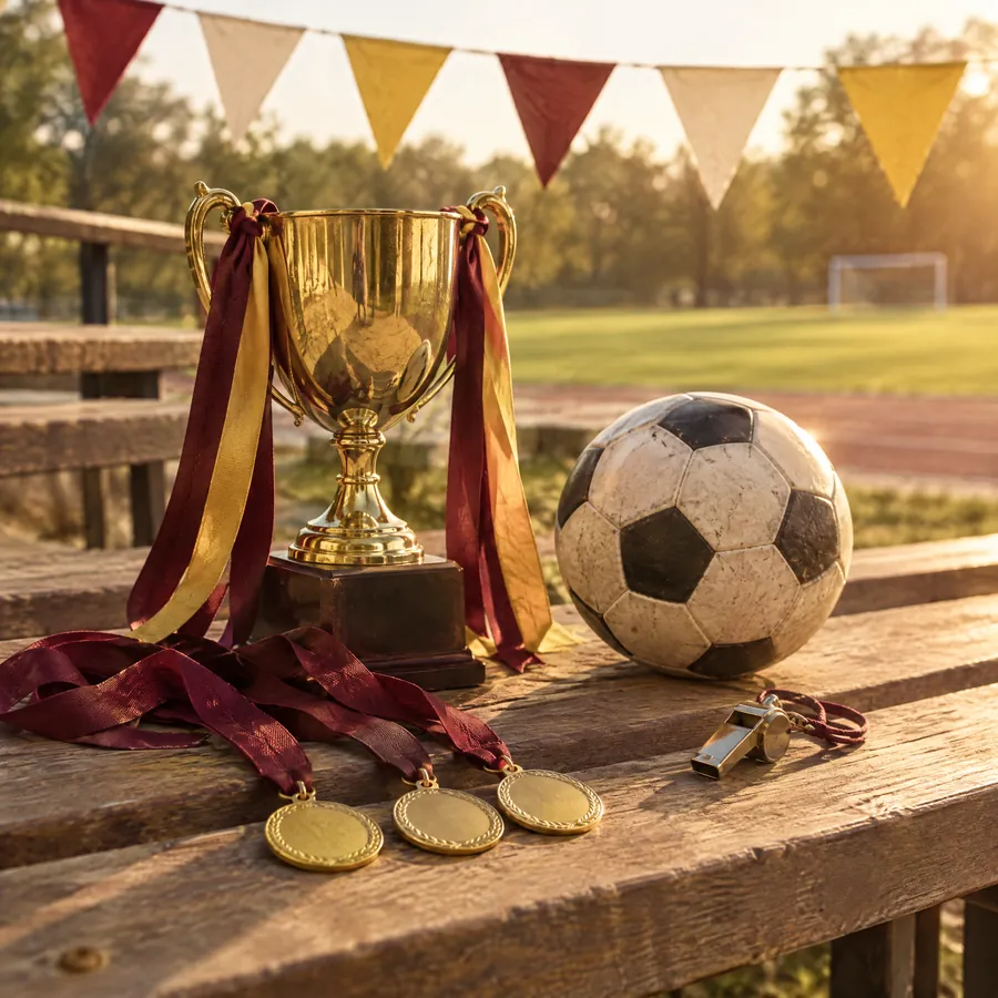 Una copa dorada, medallas con cinta guinda y una pelota en las graderías de la cancha del colegio