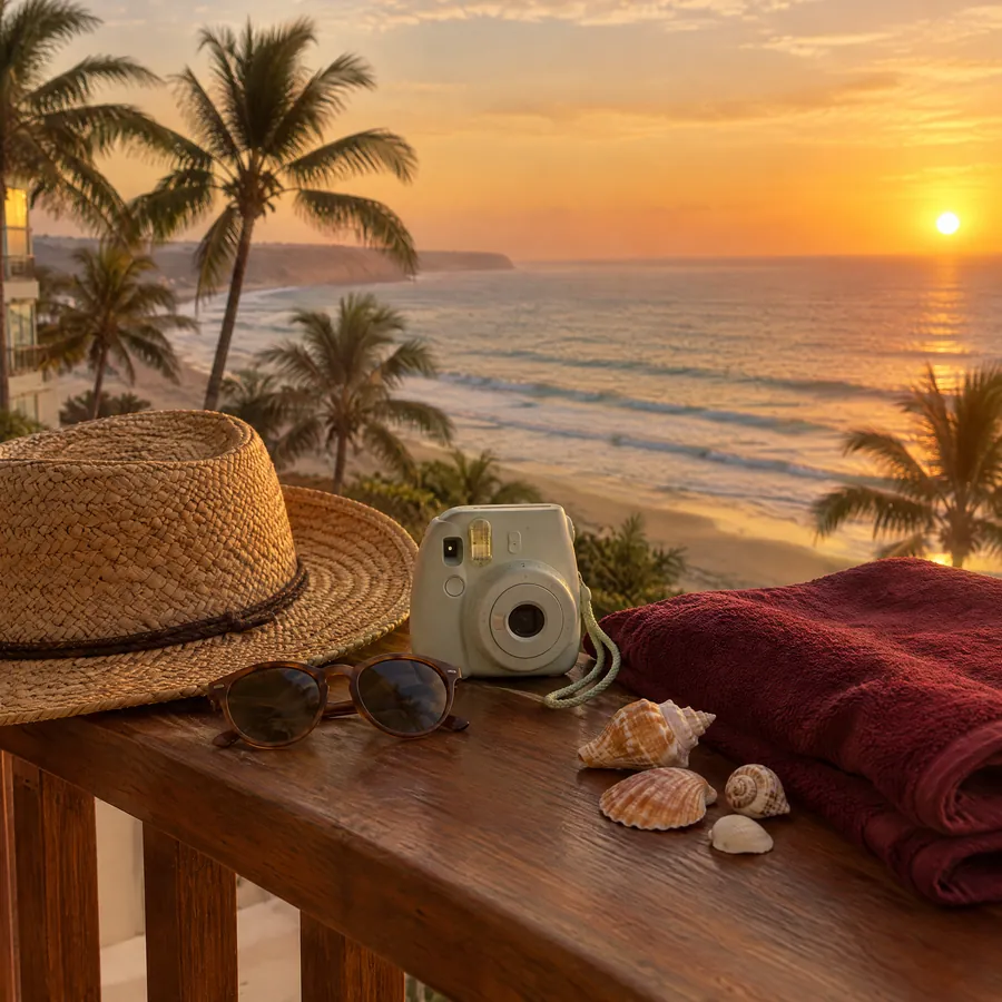 Un sombrero de paja, lentes de sol y una cámara instantánea en un balcón frente al mar al atardecer