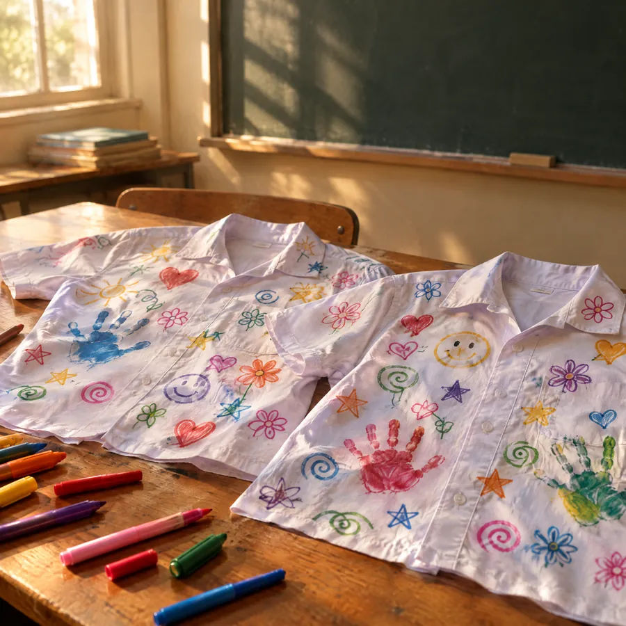 Camisas blancas del uniforme llenas de dibujos de plumón sobre una carpeta del salón