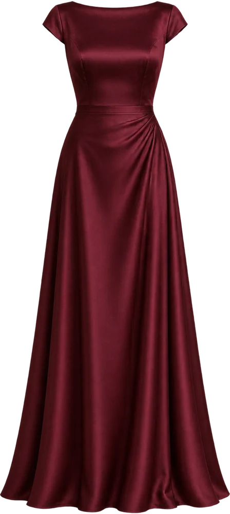Vestido largo de gala color guinda, con escote alto y manga corta
