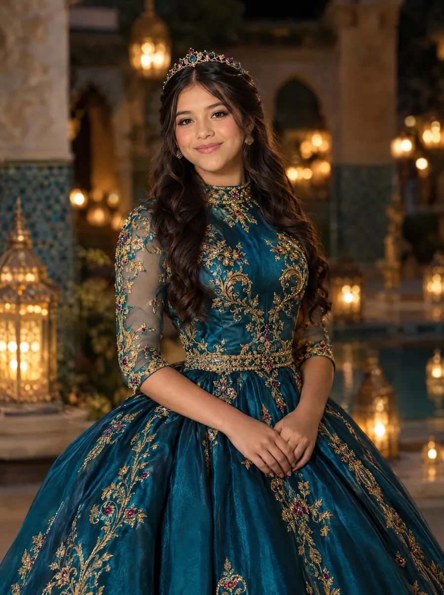 Alessia con su vestido de XV turquesa noche bordado en oro y su diadema de gemas