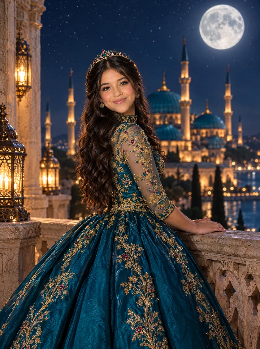 Alessia en el balcón del palacio con la luna llena y las cúpulas detrás