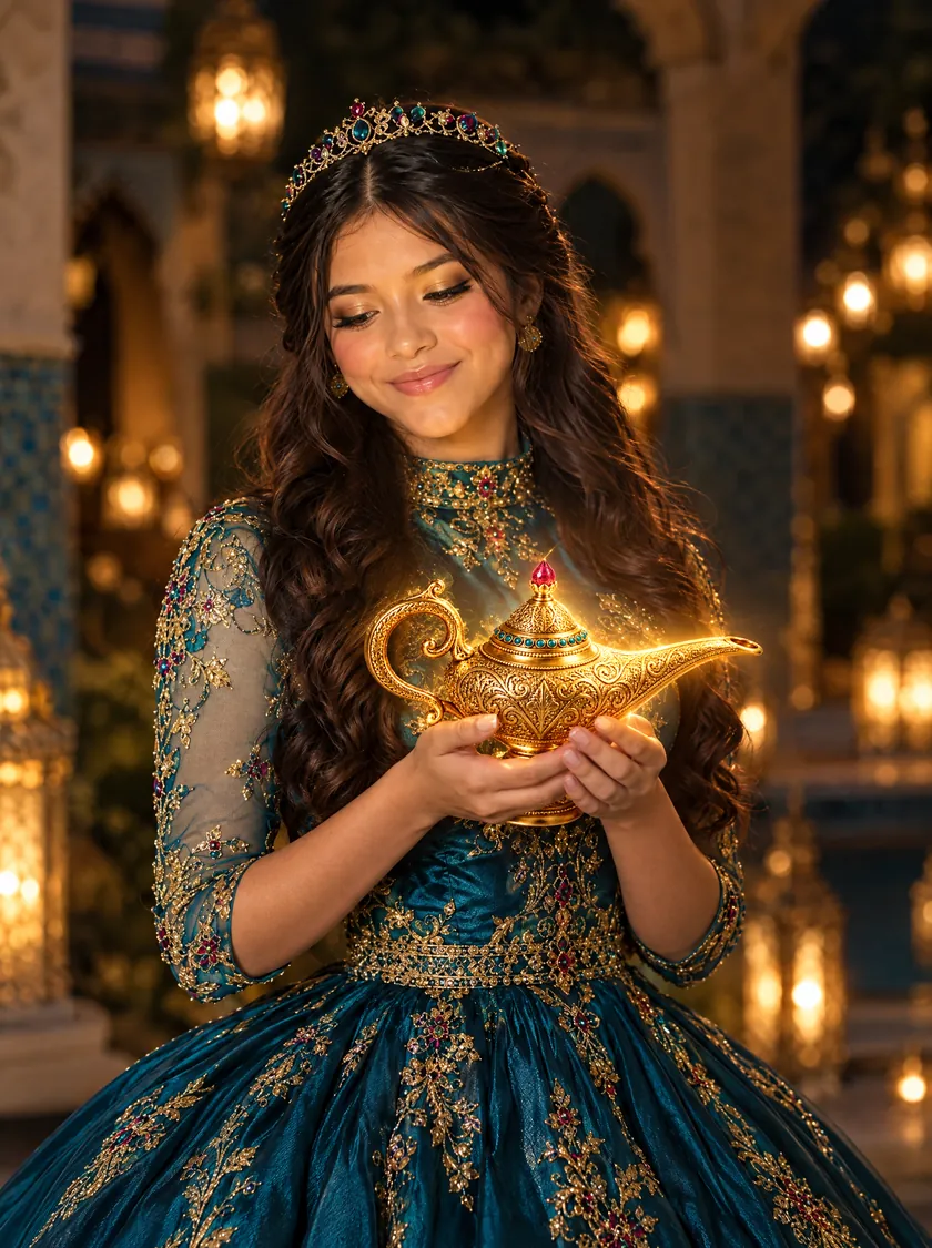 Alessia sosteniendo una lámpara dorada que le ilumina el rostro