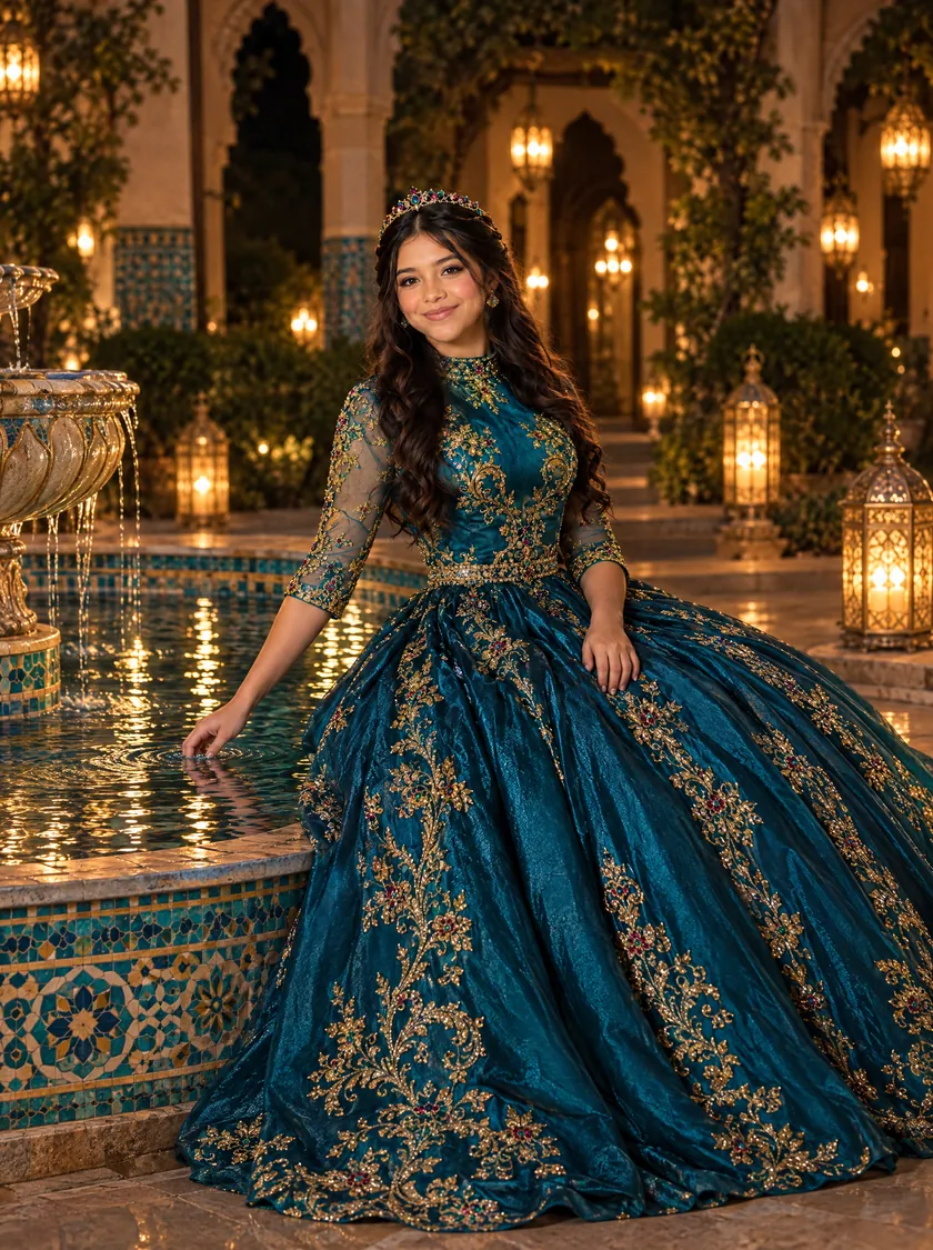 Alessia sentada junto a una fuente de mosaicos turquesa