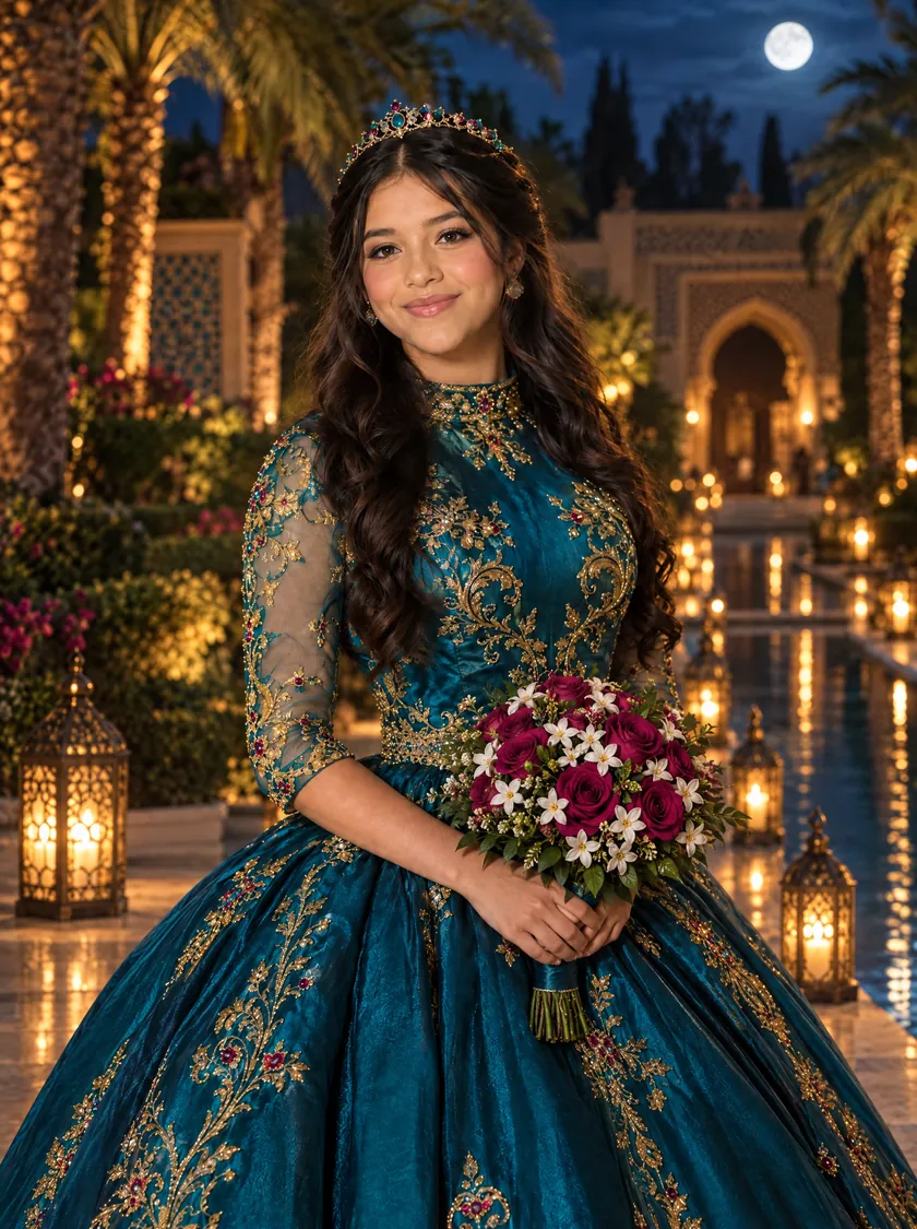 Alessia con su ramo de rosas magenta en el jardín del palacio