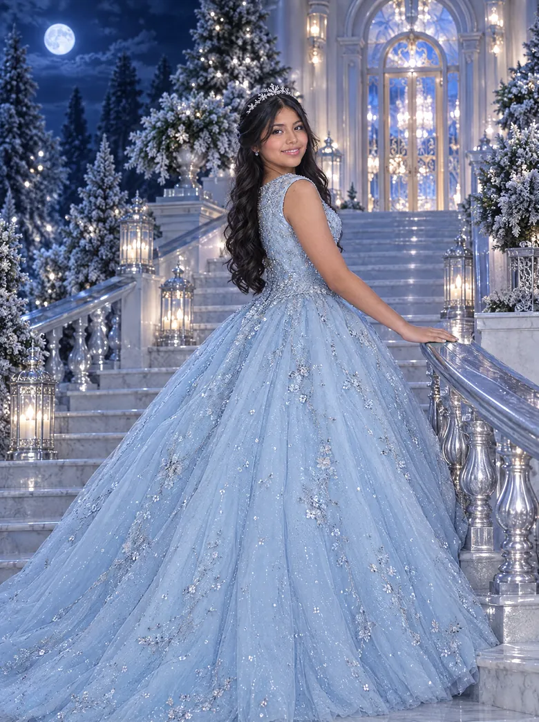 Luciana en la escalinata del palacio de noche