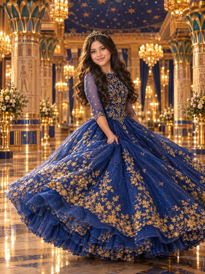 Ariana girando con su vestido en un gran salón de columnas