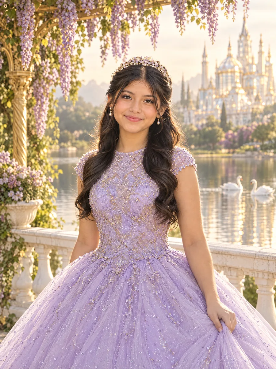 Valentina junto al lago con dos cisnes blancos