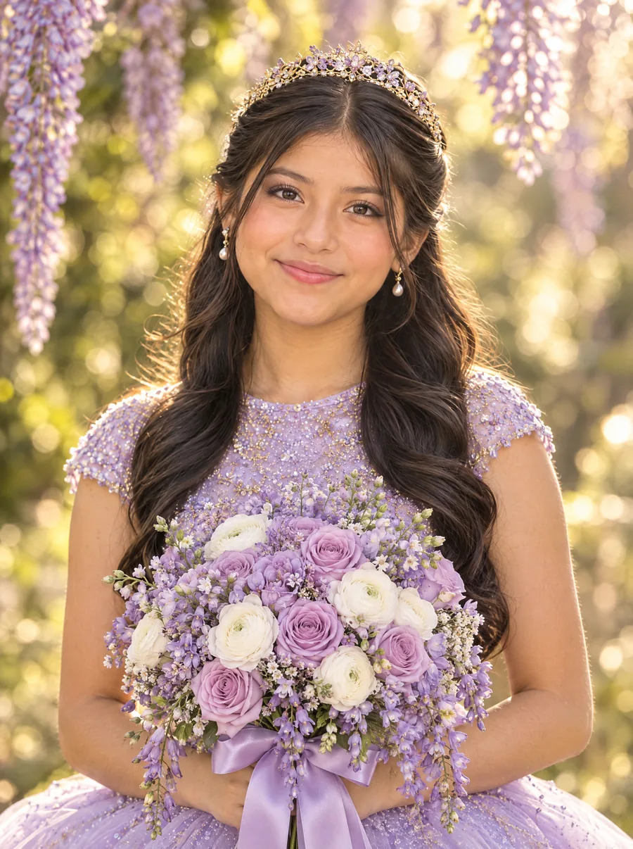 Valentina con su ramo de rosas lilas