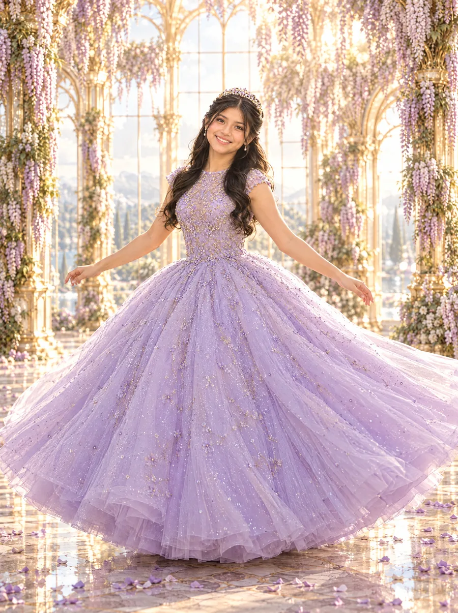 Valentina gira en el salón de cristal y su vestido se abre