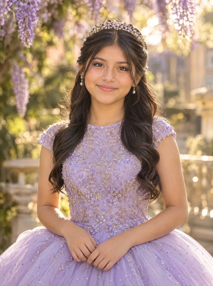 Valentina con su vestido lila de quinceañera y su tiara, bajo las glicinas